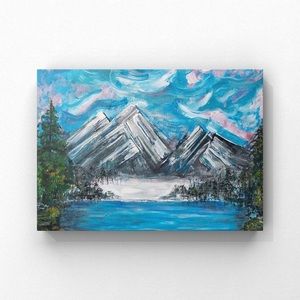 Winter wonderland, mountains with ice and trees, nature, original small painting